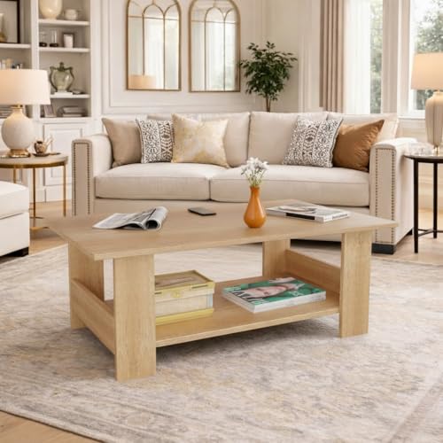 Image of Spyder Craft Modern Coffee Table with Open Storage Shelf - Minimalist Rectangular Center Table for Living Room, Office, and Lounge - Durable Engineered Wood, Easy Assembly (Oak) (Assembly -DIY)