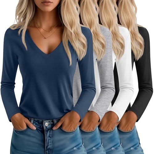 Neer 4 Pack Women's T-Shirts V Neck Long Sleeve Casual Tops Loose Fit Basic Layering Shirts Straight Hem Plain Soft Tees