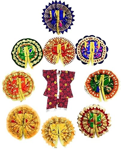 Janmashtami Special Laddu Gopal Dress Set of 10 (9+1 Night Suit) for God Krishna Laddu Gopal Mix Colors Dress Size 0 no (Silk)