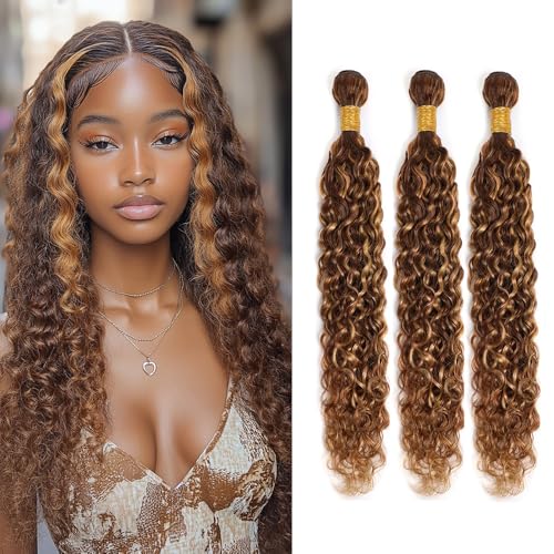 Biliisyff P4/27 Honey Blonde Curly Human Hair Highlight Brown and Blonde Deep Curly Weave Bundles Two Tone Brown Mixed With Honey Blonde Bundles Weave Extensions (26 28 30 Inch)