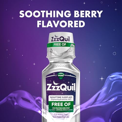 zzzquil nighttime sleep aid liquid free of alcohol amp artificial dyes 50 mg diphenhydramine hcl no1 sleep aid brand fall asleep fast non-habit forming soothing berry flavor 12 fl oz