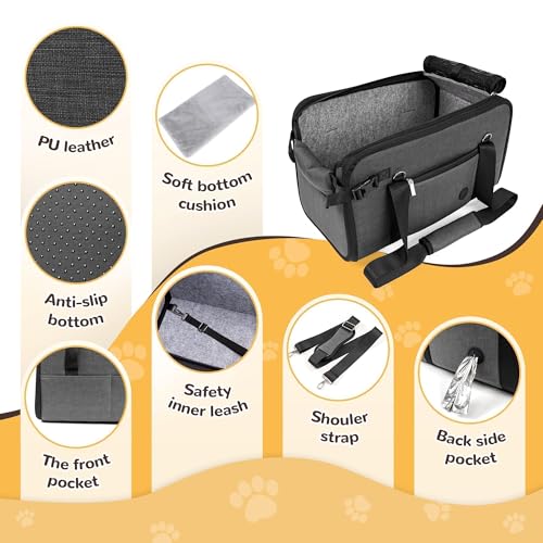 YUDODO Large Dog Car Seat for Center Console (Width>9.5in) Fits 10-20lbs, Anti-Slip Puppy Cat Travel Portable Booster Seat, Luxury Pet Car Bed Carseat PU Leather Gray