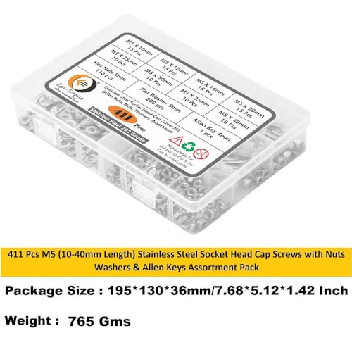 Image of Metric M5 Stainless Alloy Steel 202 Grade Socket Head Cap Screws Nuts Allen Bolt Washer with Allen Keys Assortment Kit Set with Storage Box Pack of 411 Pcs.