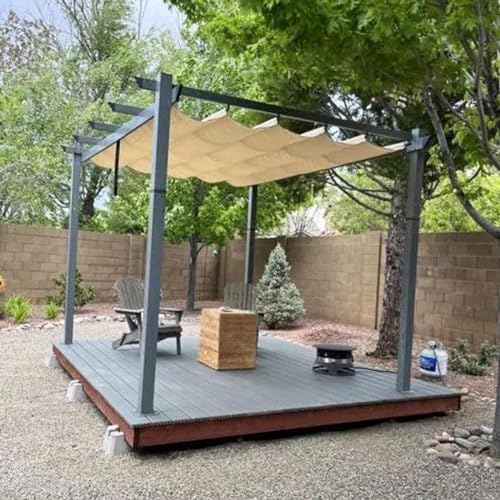 PURPLE LEAF 3 X 3.65 M Metal Pergola with Retractable Roof, Large Garden Pergola with Teak-finish powder-coated Aluminum Fram for BBQ, Outdoor, Garden and Patio, Beige