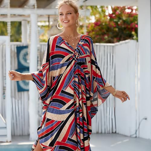 Image of Miss Lavish London Long Kaftan Dress for Women - Summer Printed Plus Size Maxi Caftan, Swimwear Coverup, Lounge Party Dress, Hawaii Vacation Outfit