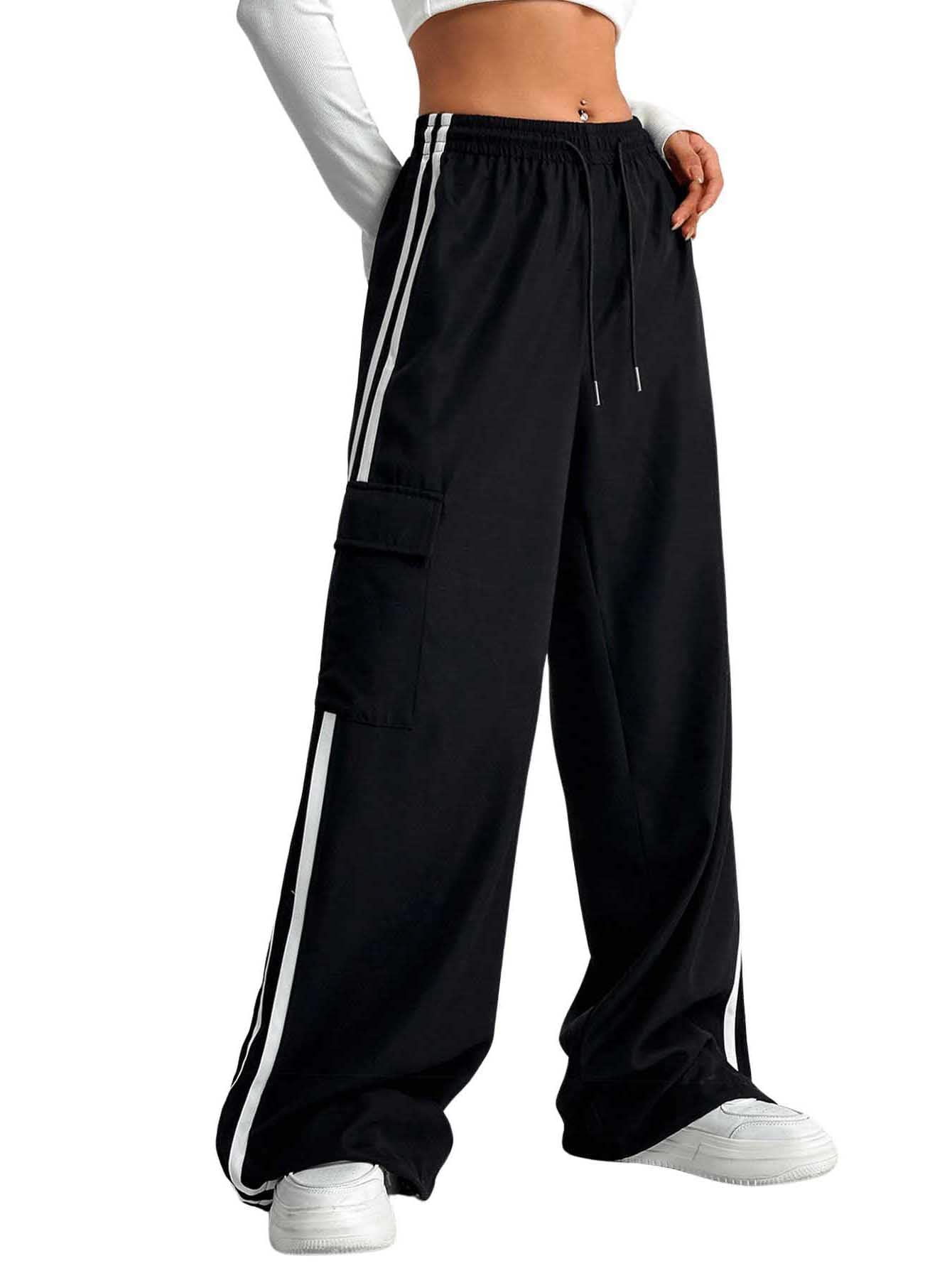 Verdusa Women's Cargo Pants Baggy Straight Wide Leg Track Pants Striped Joggers with Pockets Athletic Streetwear