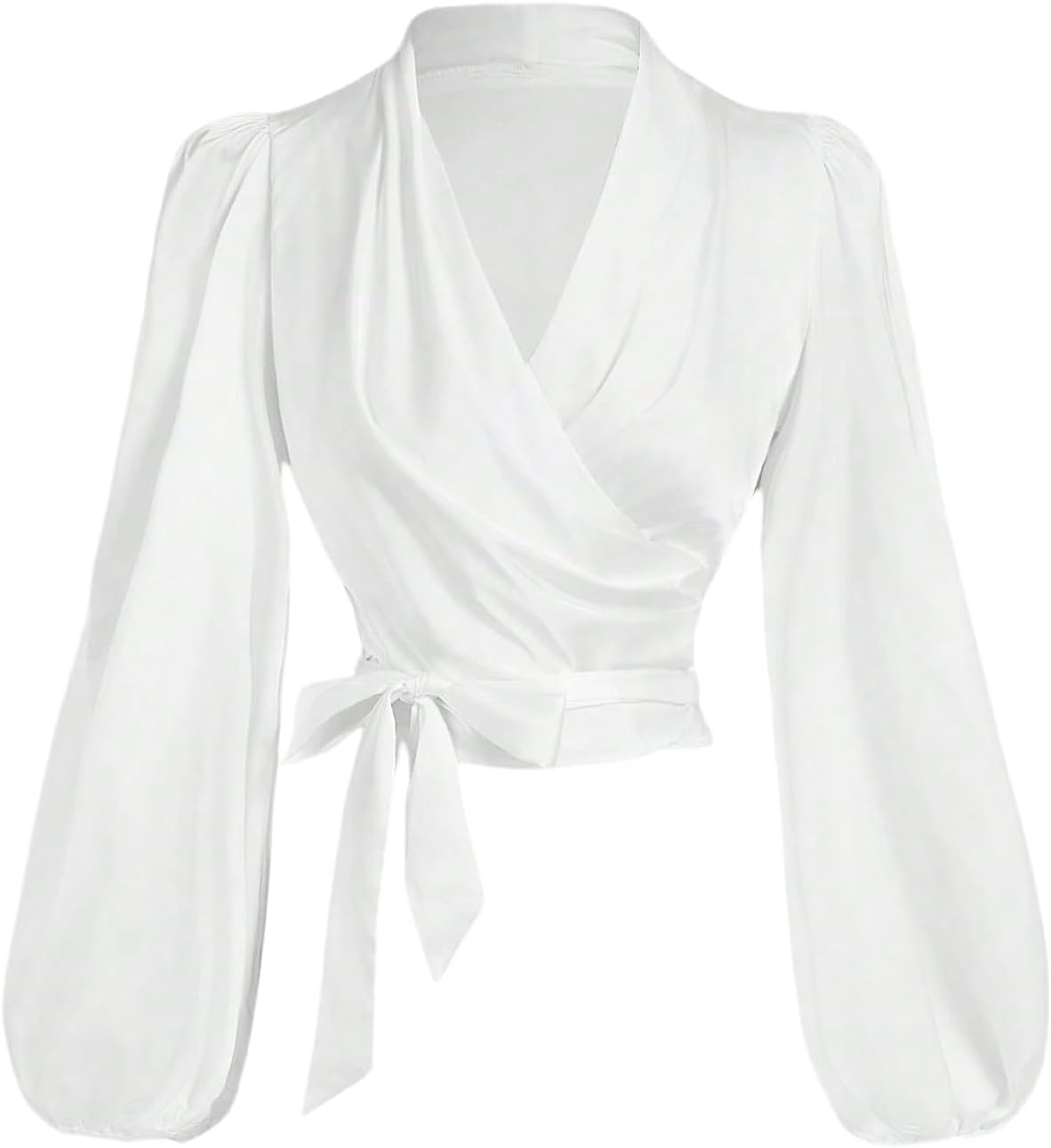 SweatyRocks Women's Long Sleeve Wrap V Neck Self Tie Knot Crop Tops Bishop Sleeve Blouse