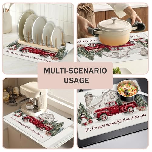 Image of Christmas Red Truck Stove Top Covers Pad 28 x 20 inches Dish Drying Mat Coffee Bar Mats Kitchen Decor Absorbent Pad Fit Coffee Maker Machine Dish Drying