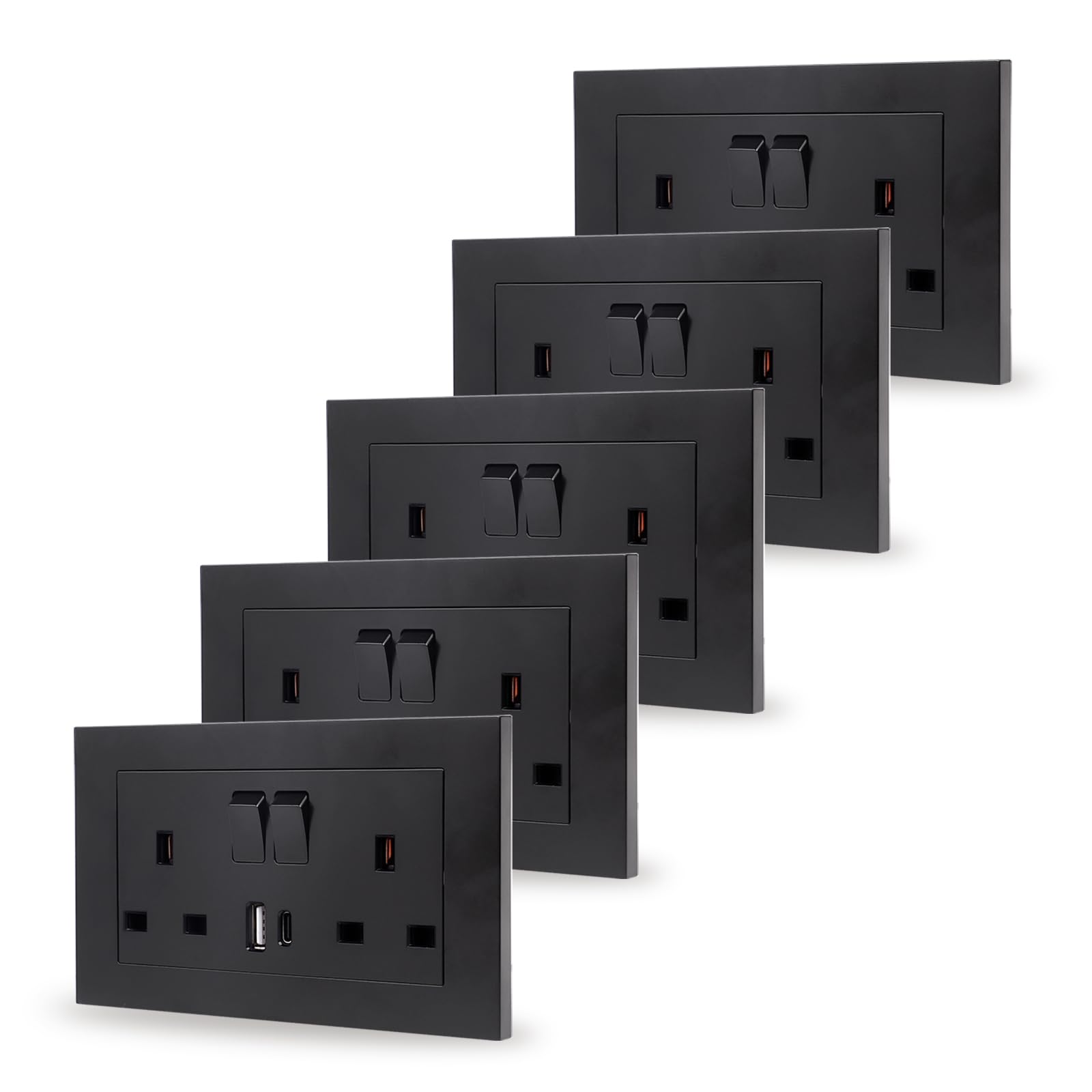 JIMEIDA 5 Pack Double Switched Socket Black with USB-A And Type-C Charging Ports 13 Amp PC Panel Wall Outlet Power Socket