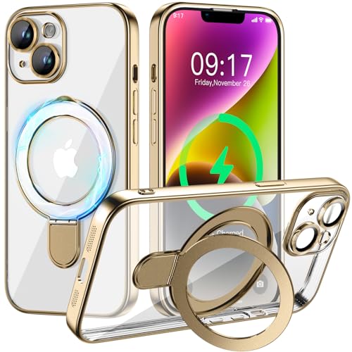 Image of Magnetic for iPhone 14 Case with Invisible Stand[Compatible with MagSafe][Full Camera Lens Protector][Military Drop Protection] Shockproof Not Yellowing Clear Slim Soft for Women Men