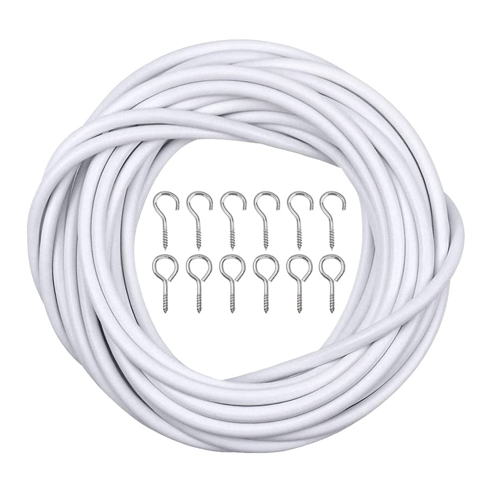 ONE BEST DEAL 5m Expanding Net Curtain Wire White Window Cord Voile Expanding Cable with 6 Eyes & 6 Hooks for Decorations | Multi-purpose Voile Wire Cable