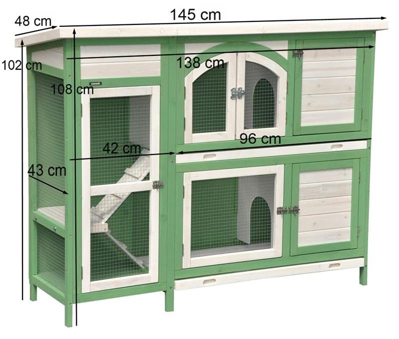 nanook Premium Kaninchenstall, Hasenstall Jumbo XXL besonders groß mit Seitenaufgang für mehr Platz - ideal für draußen - Wetterfest extragroß 138 x 48 x 109 cm grün Weiss