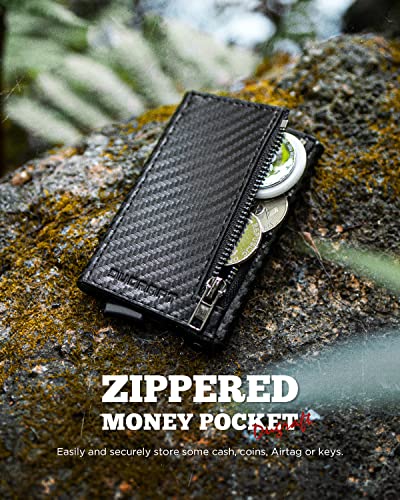 DUGRAFT Slim Card Wallet with Zippered Coin Pocket, Inner Aluminum Pop-Up Card Holder RFID Blocking for 1-6 Cards, Gift Packed for Men, Carbon Fiber2