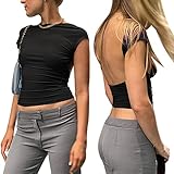 Abardsion Women Sexy Backless Short Sleeve Crop Top T Shirt Summer Slim Cut Out Multi Way Wear Casual Cropped Tees (Black, S)