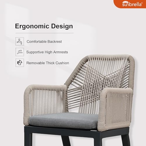 Image of PURPLE LEAF 7 Pieces Patio Dining Set with Armrests, Beige and Dark Grey | Sunbrella Color Lasts, Premium HPL Tabletop, Quick-Dry Textilene Rope Backrest, Stable Aluminum Frame, Removable Cushion