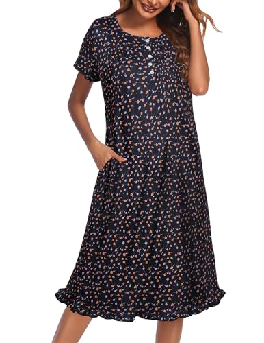 Image of Ekouaer Nightgowns for Women with Pockets Button Front Short Sleeve House Dresses Floral Print Mumu Dress