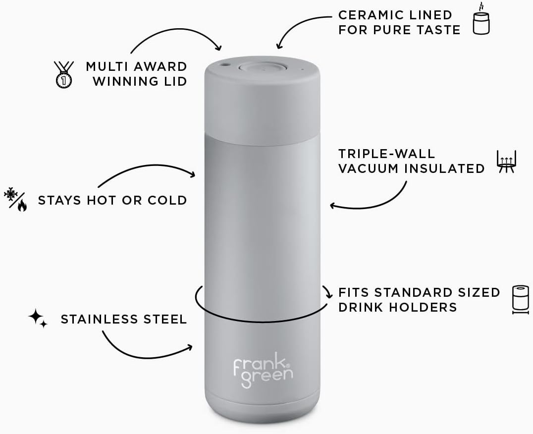 Frank Green Ceramic Reusable Bottle with Push Button Lid, 20 oz Capacity, Black