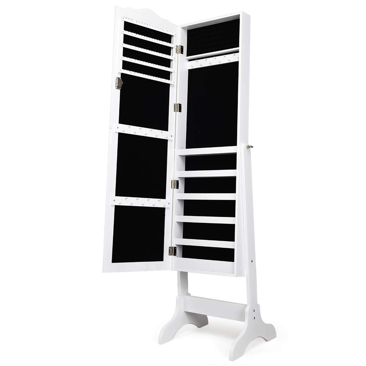 GOPLUS Schmuckschrank mit Spiegel, Freistehendes Schmuckregal mit viel Stauraum, Abschließbarer Spiegelschrank, Verstellbarer Spiegelwinkel (Weiß)