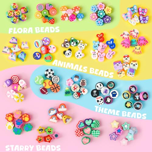 Image of Gionlion 1200 Pcs Polymer Clay Beads Bracelet Making Kit, 25 Style Animal Fruit Flower Butterfly Bunny Pony Letter Beads Charms for Jewelry Making, DIY Art and Crafts Toys Gifts