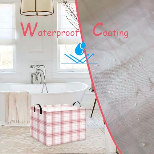Image of Pink Plaid Waterproof Multipurpose Foldable Storage Cift Basket with Leather Handle,Baby shower,Home,Picnic,Trunk(Pink Plaid)