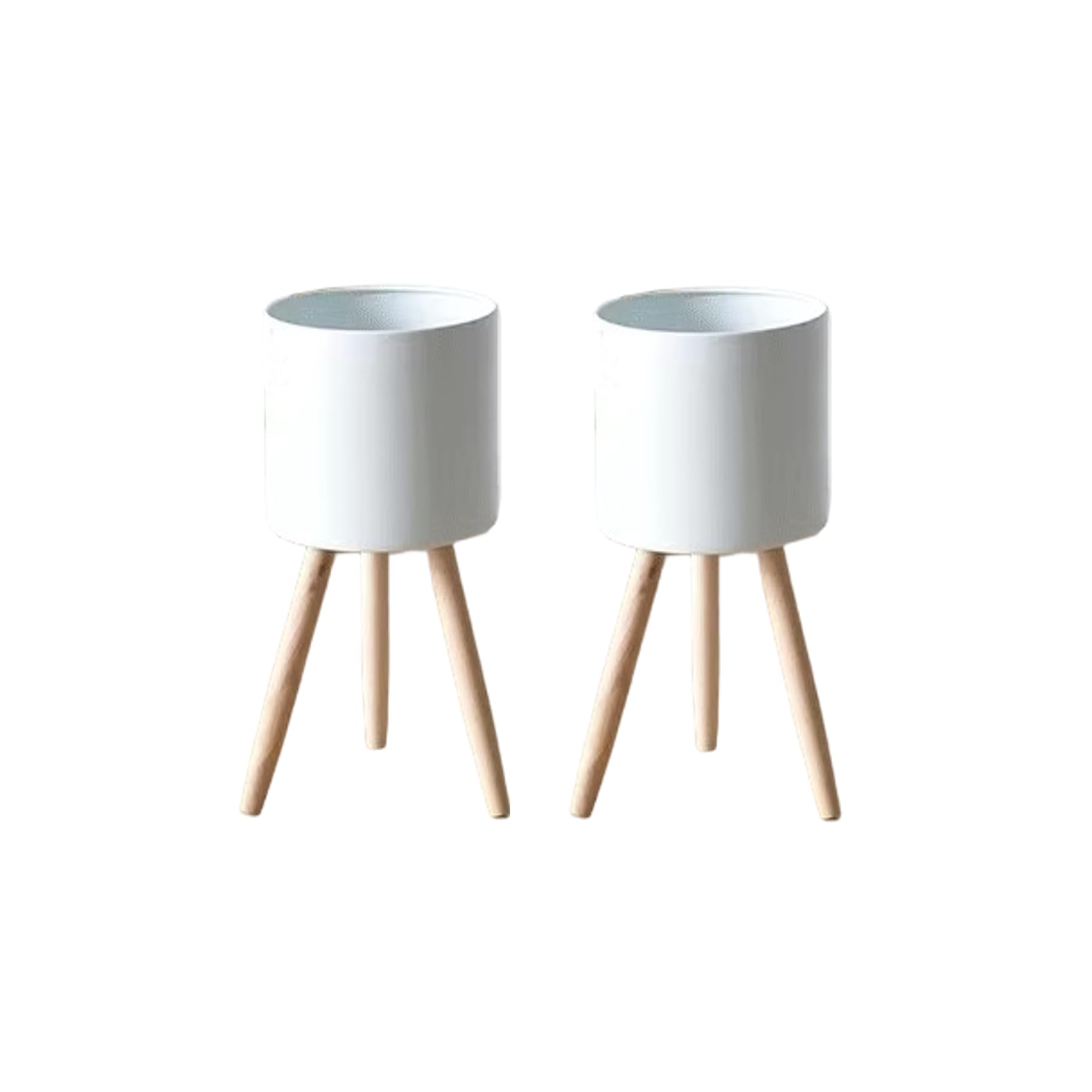 Macetero de 20,0 cm de diámetro en juego de 2 con patas de madera estilo escandinavo para interiores/exteriores, maceta de hierro con patas integradas, maceta en colores modernos (blanco)