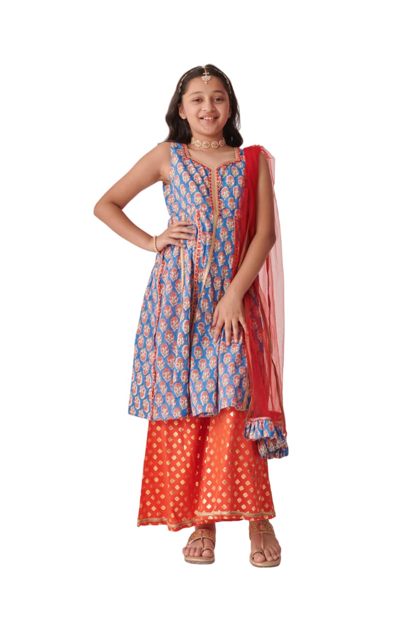 Pspeaches Girl's Cotton Regular Kurta Set (Ks-Blueorangefoil-10-12Y_Blue
