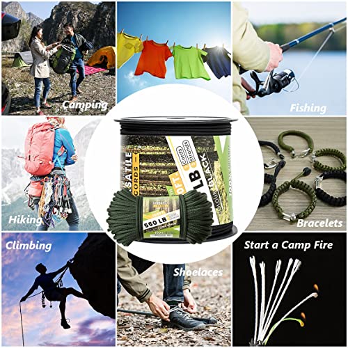 Fetefest Paracord Verde 550, Corda de Paraquedas Mil-Spec 100 Pés, Corda 100% Nylon Em Equipamentos
