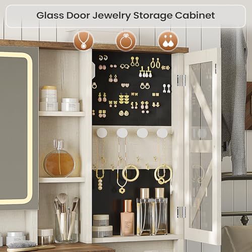 Image of AOGLLATI Farmhouse Vanity Desk with Mirror and Lights, Makeup Vanity Set with Lights & Jewelry Cabinet & 5 Drawers, Vanity Table with Charging Station, Hidden Storage Space for Bedroom, Antique White