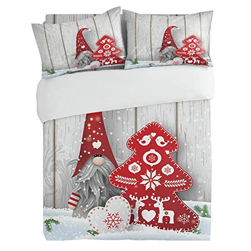 3 Pieces Bedding Duvet Cover Set Cute Gnome Snow Scene Christmas Tree, Super Soft Luxury Quilt Covers and Pillow Cases for Kids/Teens/Adults/Men/Women Bedroom Decor, Wood Plank