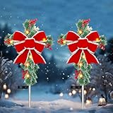 Ganeen 2 Pcs Solar Cross Christmas Decorations Cemetery Grave Decoration Outdoor LED Lights Xmas Waterproof Cross Stake with Pine Cones Foliage Ornament for Garden Lawn Yard Cemetery(Snow Style)
