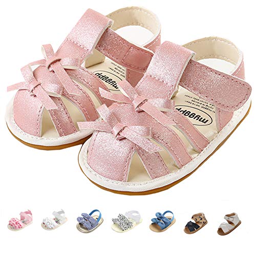Summer Infant Baby Girls Sandals Striped Bowknot Soft Rubber Sole First Walker Shoes Pink Bow Toddler 12-18 Months 13cm