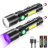 Rechargeable Flashlights, 3 in 1 Super Bright Black Light Flashlights 1200 Lumens, 7 Modes, Zoomable, IPX6 Waterproof Flash Light Recharchable for Camping, Emergency, Pet Clothing Detection 2 Pack