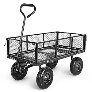 Homdox Steel Garden Cart 680 lbs Capacity Heavy Duty Garden Wagons,with Removable Steel Mesh Sides to Convert into Flatbed,Utility Metal Wagon w/ 180?Rotating Handle and 10'' Tires Perfect for Garden