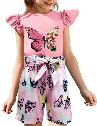 Image of mksodop Girls outfits 2-Piece ruffled short sleeve butterfly floral print high waist floral shorts girls summer clothes