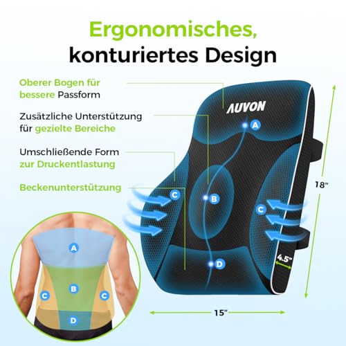 AUVON Lendenwirbelkissen Lordosenstütze Auto Stuhl Bürostuhl, Lendenkissen patentierte Wulst zur gezielte Unterstützung des unteren Rückens & Verbesserung der Körperhaltung, Memory-Schaum Rückenkissen
