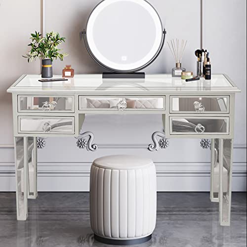 Henf Mirrored Table Makeup Vanity Table Dressing Desk, Silver 5-Drawer Console Table Entry Table for Women Girls Entryway Home Office Writing Desk