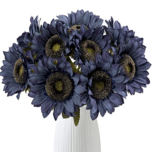 Hawesome Vintage Sunflowers Artificial Flowers 7 Pcs Faux Silk Sunflowers Bouquet Fake Real Touch Long Stems Floral for Wedding Party Centerpieces Home Decoration(Autumn Blue)