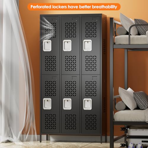 Image of Aobabo Upgrade Metal Storage Locker for Employees, 6 Doors Steel Storage Locker with Air Hole for Office Gym School, Industrial Storage with Hooks, Black, Assembly Required