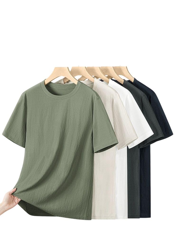 Maglietta a maniche corte da uomo a girocollo in lino misto cotone per allenamento, corsa, abbigliamento all'aperto