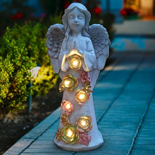 VIOYOUNS Angel Solar Garden Outdoor Statues with Succulent Plants and 6 LED Lights Outside Solar Garden Decor Figurines Remembrance Sympathy Gifts Decorations