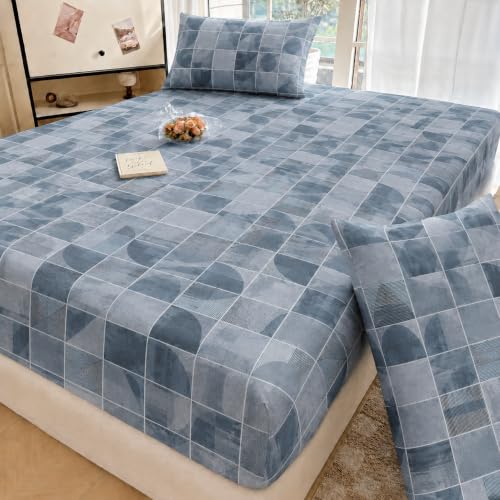 Image of VOMZER King Size (72x78) 300 TC Soft Cotton Feel Microfiber All Around Elastic Fitted Double Bedsheet with 2 Pillow Covers | Grey Blue Geometric