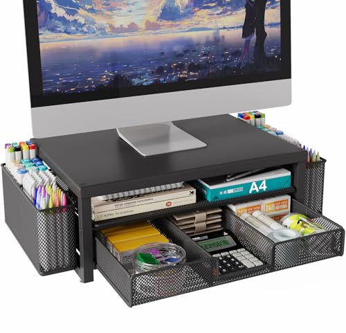 BOKIOVIN Supporto per Monitor in Metallo con Cassetto e 2 Portapenne per Scrivania, Organizzatore per Accessori da Ufficio e Supporto per Schermo del Computer per Stampante (Nero)
