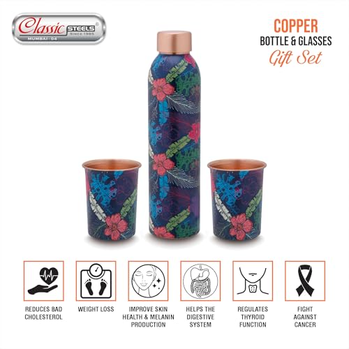 Image of Classic Steels Elegant Ethnic Green Copper Water Bottle Set with 2 Glasses - 1L Capacity | Best Gift For Diwali, Wedding Anniversary And All Other Occasions. (Blue Floral Copper Bottle Set)