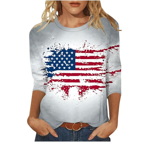 Image of Fourth of July Shirts for Women 3 /4 Sleeve Summer Tops American Flag Print T Shirt Patriotic 4th of July Shirts 2025