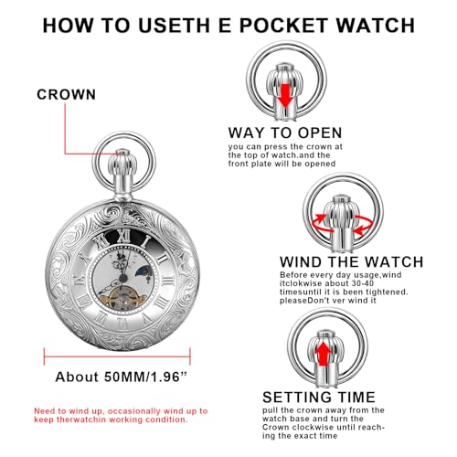 Image of Men's Mechanical Pocket Watch with Chain, Vintage Full Copper Hand-Wind Second&24hours Sub-dials Pocket Watches for Men with Box