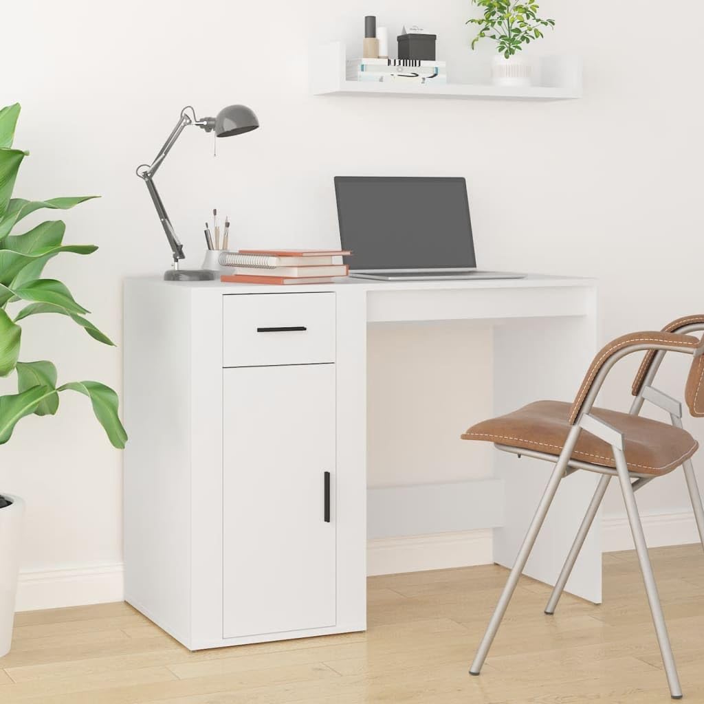 Schreibtisch Weiß Holzwerkstoff 100x49x75 cm mit Schublade und Schrank Stauraum für Homeoffice Arbeitszimmer PC Laptop Sekretär ergonomisch platzsparend vielseitig für Schüler und Gaming