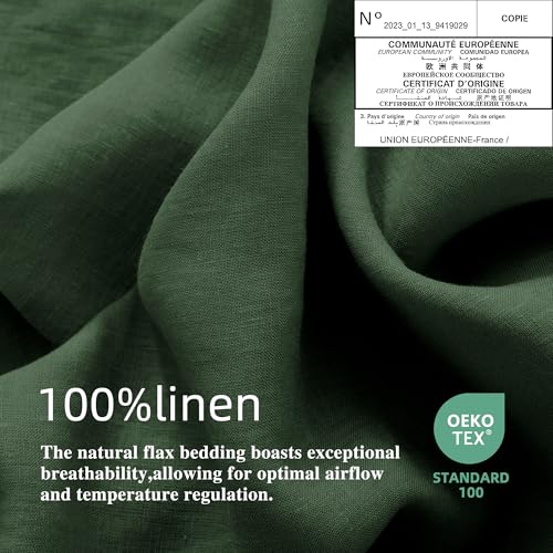 EVERLY Linen King Size Sheets Set,100% French Washed Pure Linen Bed Deep Pocket Sheets,4Pieces(1Flat Sheet,1Fitted Sheet,2Pillowcase) Suitable for Hot Sleepers,180GSM Dark Green Bedding Set