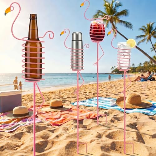 Juexica Set of 4 Flamingo Outdoor Drink Holder Stakes 32 Inch Beach Cup Holder Ground Pink Yard Beer & Wine Bottle Holders Stand Beverage Stakes for Party Lawn Fire Pit Accessories Gifts