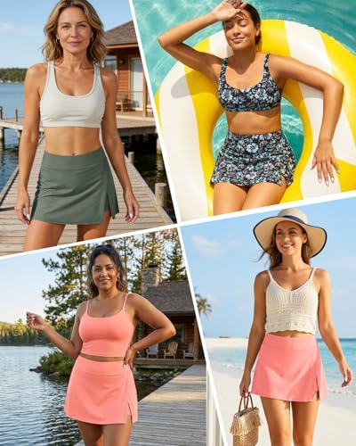 Image of Women Swim Skirt Tummy Control Swimsuit Skirt with Built-in Shorts High Waisted Split Swim Bottom (Available in Plus)
