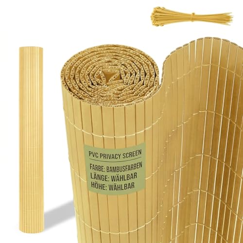 Suusolny PVC Sichtschutzmatte 180x1000CM(HxL),Wetterfest Gartensichtschutz W-Struktur Sichtschutzzaun für Außen Garten, Balkon und Terrasse Mit Kabelbindern,Bambusfarben